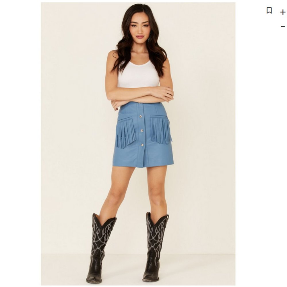 Blue Leather Fringe Miniskirt